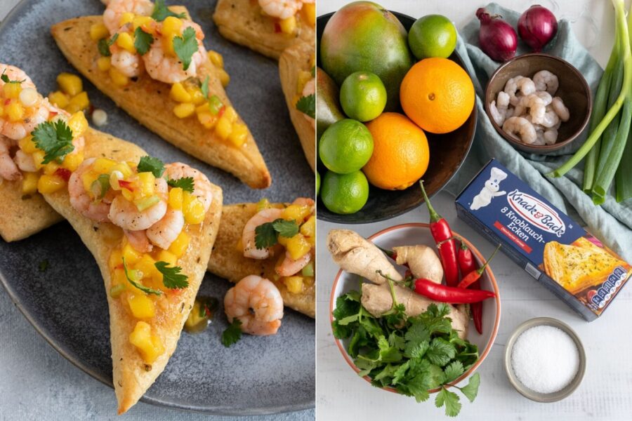 Rezept knusprige Knoblauch-Ecken mit Garnelen und Mango-Chutney