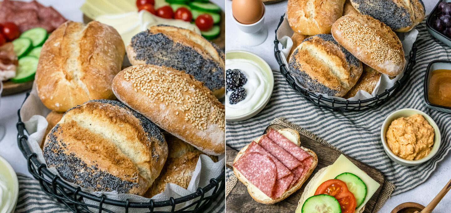 Rezept für selbstgebackenen Frühstücksbrötchen - knusprige Weizenbrötchen