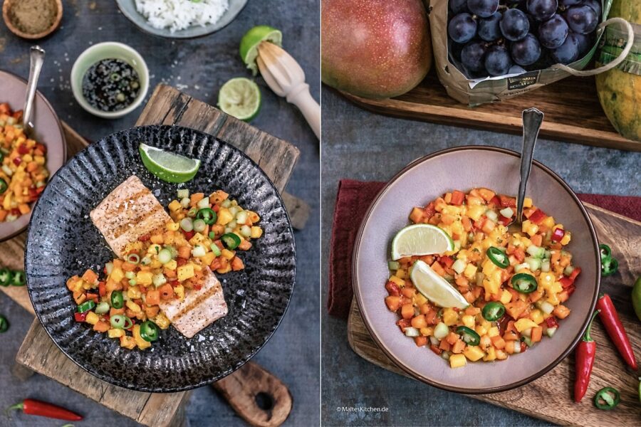 Rezept für gegrillter Lachs mit Papaya-Mango-Salsa
