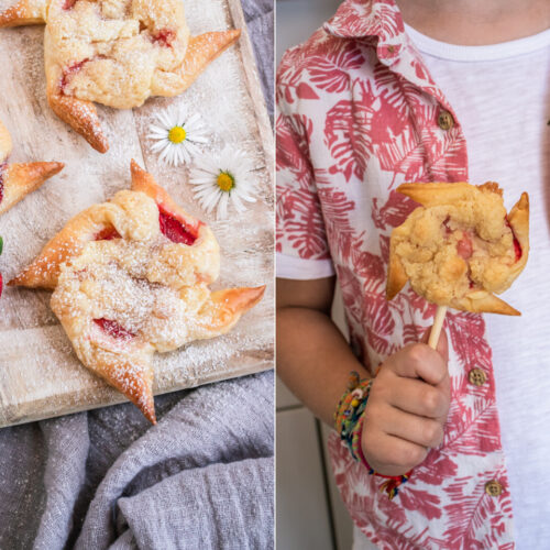 Rezept knusprige Windmühlen aus Blätterteig mit Pudding und Erdbeeren
