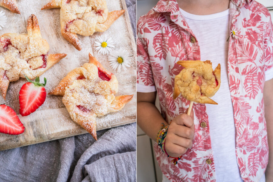 Rezept knusprige Windmühlen aus Blätterteig mit Pudding und Erdbeeren