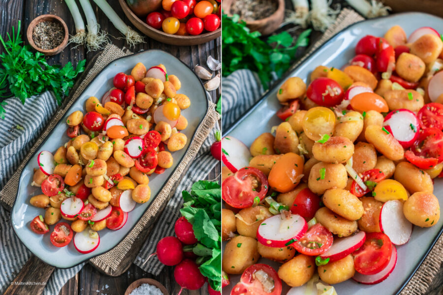 Rezept knusprige Gnocchi mit Tomaten-Radieschen-Salat