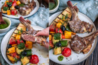 Rezept für rosa gegrillte Lammkotletts auf Tomaten-Auberginen-Salat