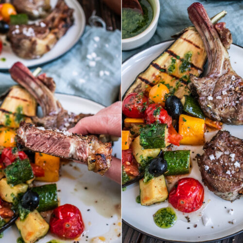 Rezept für rosa gegrillte Lammkotletts auf Tomaten-Auberginen-Salat