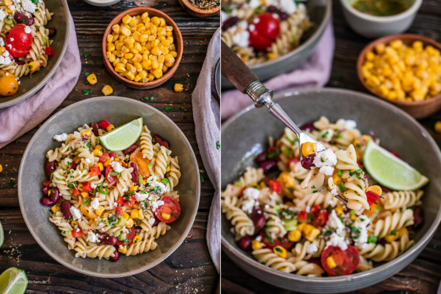 Rezept Nudelsalat mit Kitneybohnen,Mais und Fetakäse