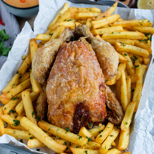 Rezept knuspriges Hähnchen mit Pommes