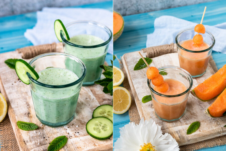 Rezept für zwei erfrischende Sommer-Shakes mit Buttermilch, Gurke und Melone