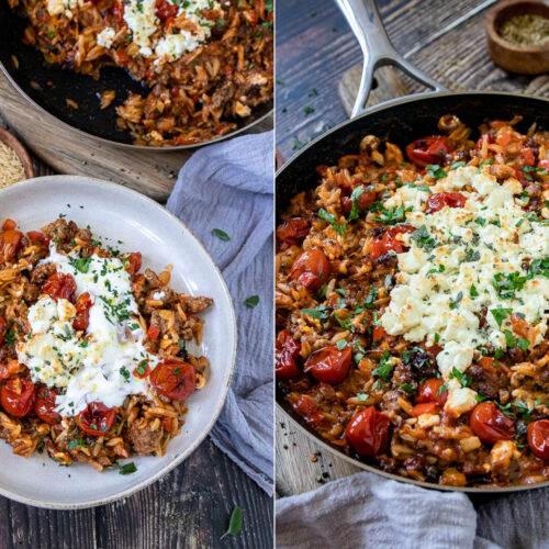 Rezept Hackflesichpfanne mit Kritharaki und feta