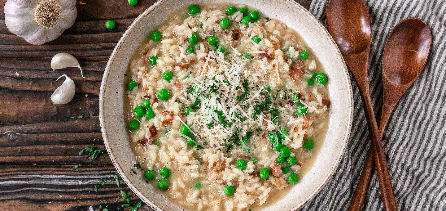Rezept cremiges Risotto mit Pancetta und Erbsen