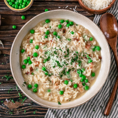 Rezept cremiges Risotto mit Pancetta und Erbsen