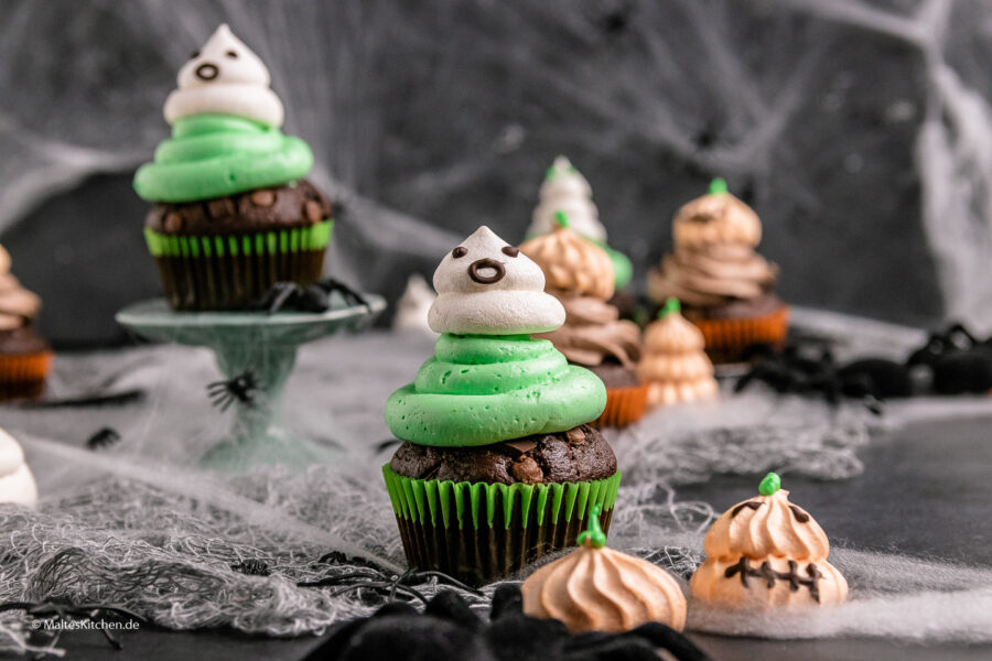 Rezept Double Chocolade Muffins mit Baiser Geistern und Kürbissen
