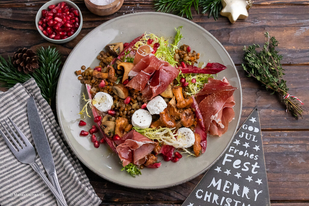 Rezept Linsengemüse mit Pfifferlingen, Ziegenfrischkäse und Serrano-Schinken