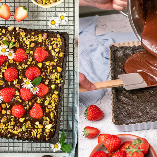 Schokoladentarte ohne Backen mit Erdbeeren und Pistazien