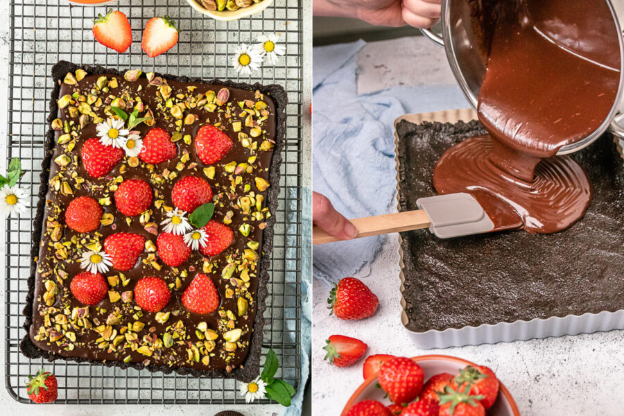 Schokoladentarte ohne Backen mit Erdbeeren und Pistazien