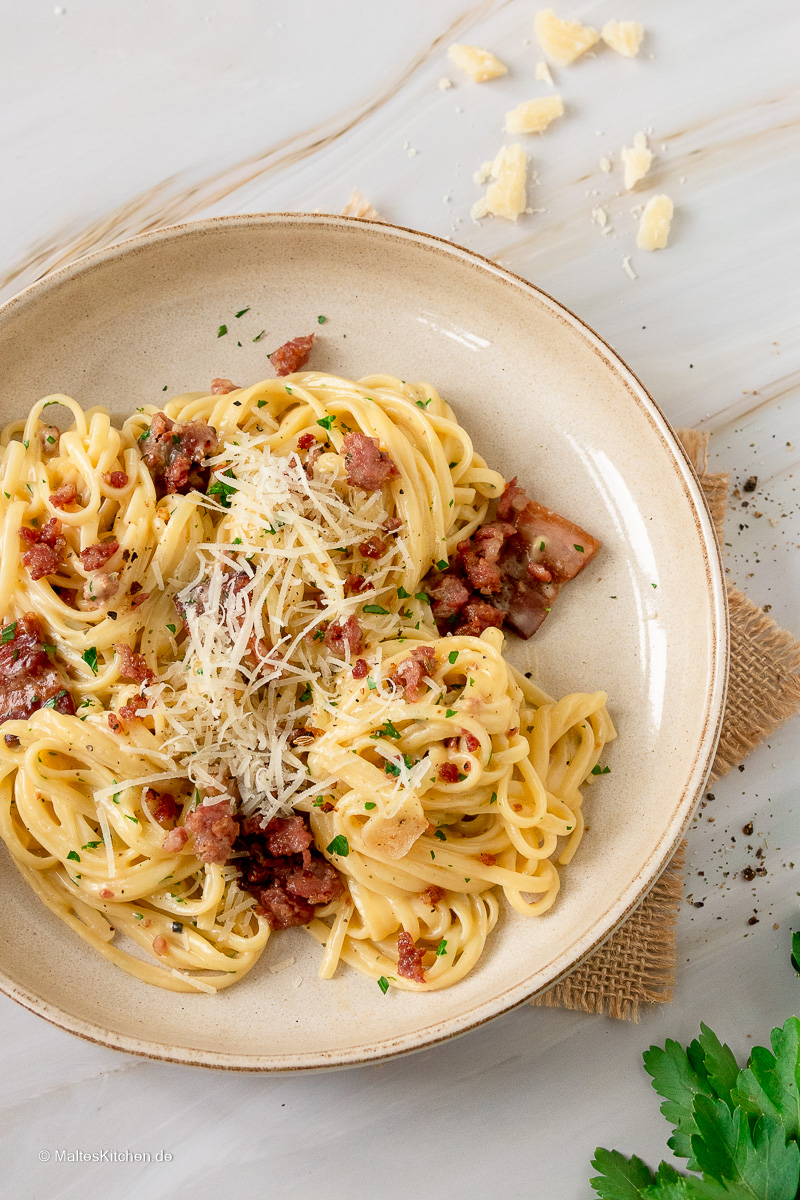 Spaghetti Carbonara nach Jamie Oliver Rezept.
