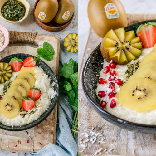 Rezept Kokos-Milchreis mit Kiwi und Erdbeeren.
