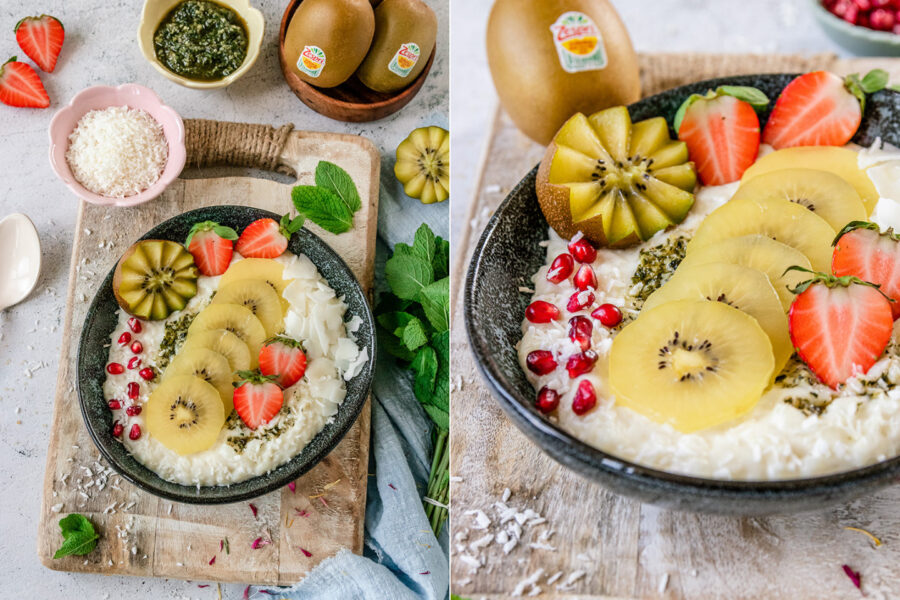 Rezept Kokos-Milchreis mit Kiwi und Erdbeeren.