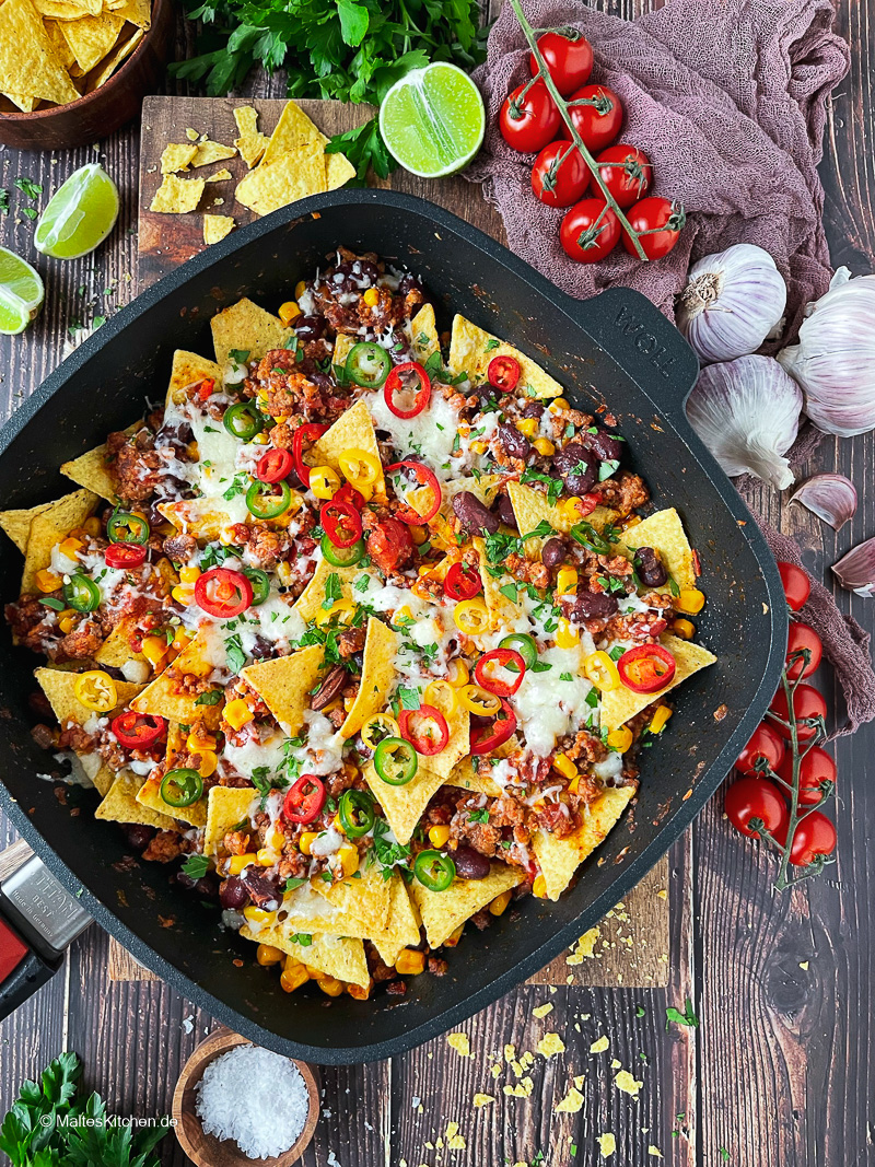 Super leckere Nachopfanne mit Hackfleisch.