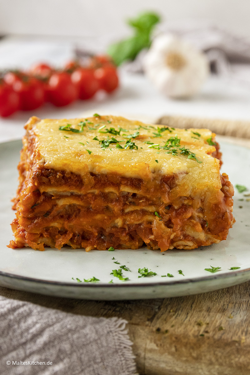 Eine super leckere hausgemachte Lasagne mit Linsenbolognese.