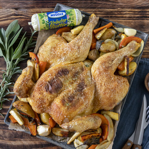 Rezept für ein RoadKill Chicken mit Kräuterbutter und Grillgemüse
