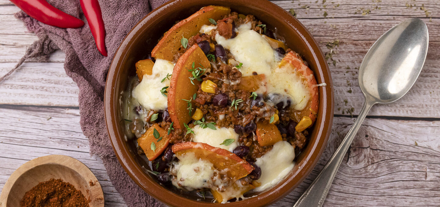 Rezept für überbackenes Chili con Carne mit Kürbis