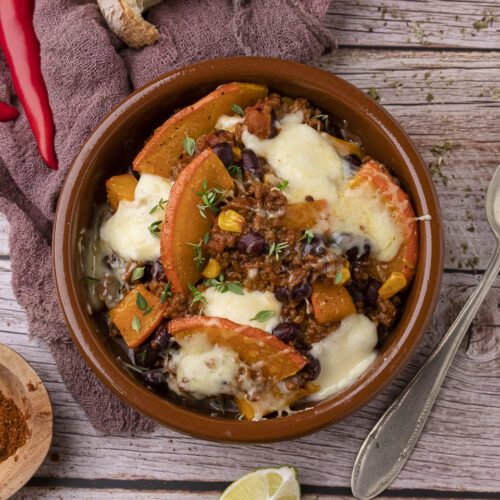 Rezept für überbackenes Chili con Carne mit Kürbis