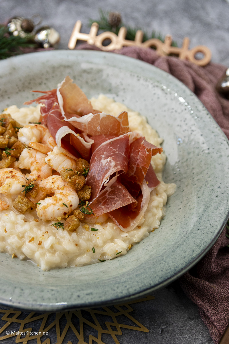 Schlotziges Champagner-Risotto mit Garnelen.