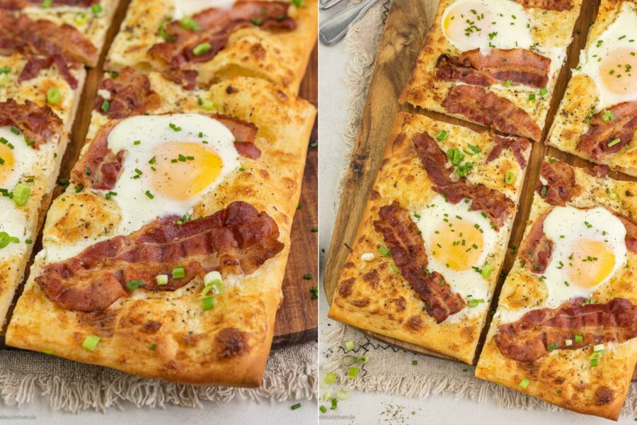Pizza mit Bacon, Käse, Spiegelei zum Frühstück