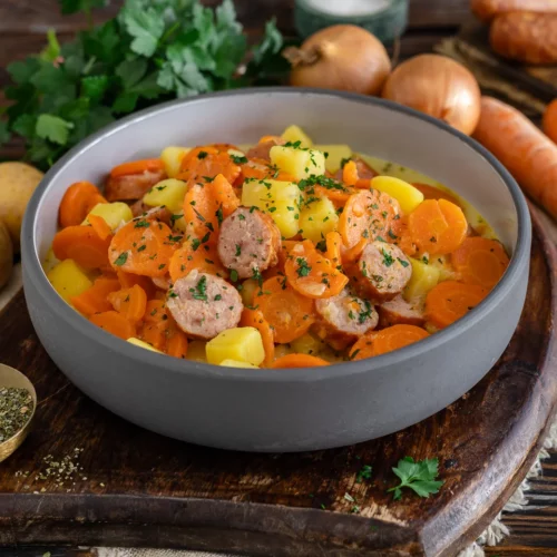 Möhreneintopf mit Kartoffeln und Mettenden