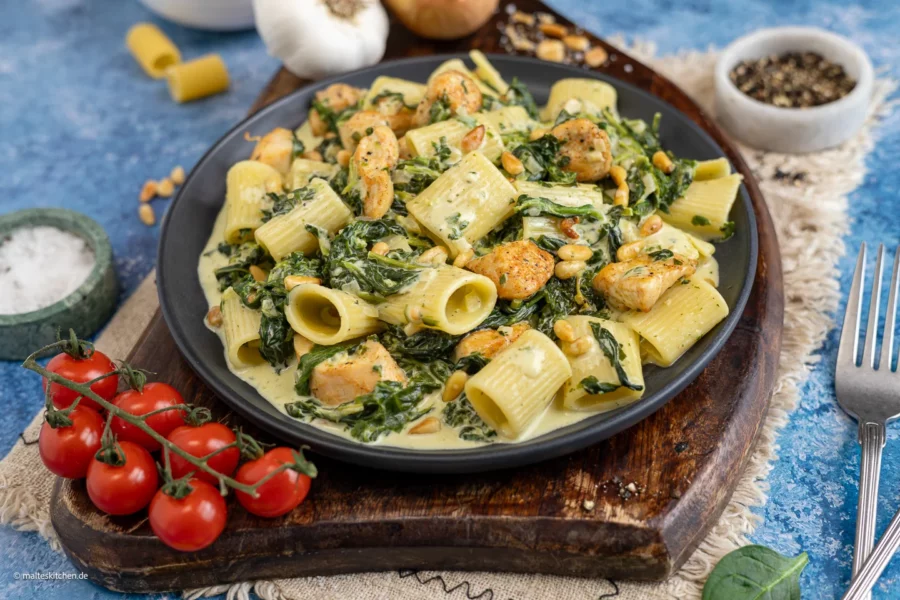 Nudeln mit Spinat und Hähnchen