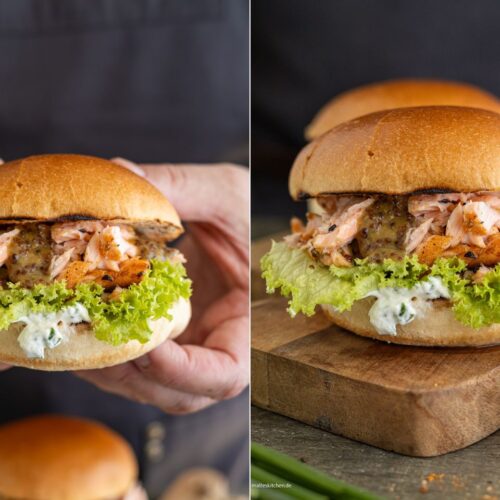 Lachsburger mit Schnittlauchcreme und Honigsenf