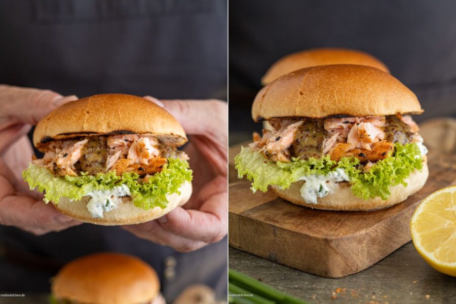 Lachsburger mit Schnittlauchcreme und Honigsenf