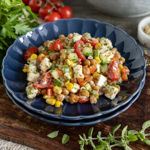 Vegetarischer Kichererbsensalat mit Feta, Gurke und Mais.