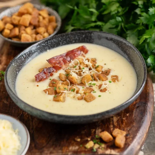 Deftige Käsesuppe mit Knoblauch-Croûtons und Speck