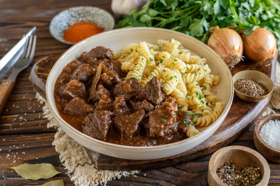 Klassisches Gulasch aus Rindfleisch