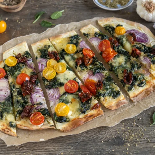 Vegetarischer Flammkuchen mit Ricotta und Spinat