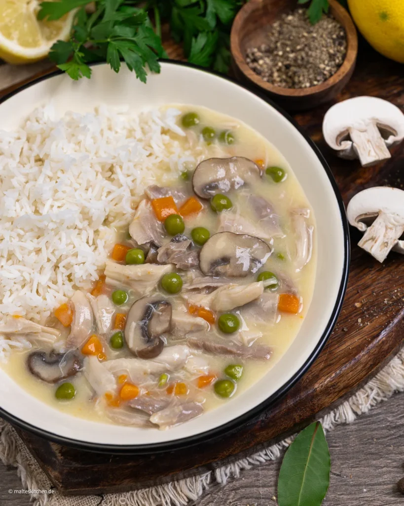 Hühnerfrikasse mit Champignons.
