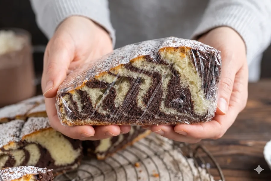 Zebrakuchen in Frischhaltefolie einfrieren.